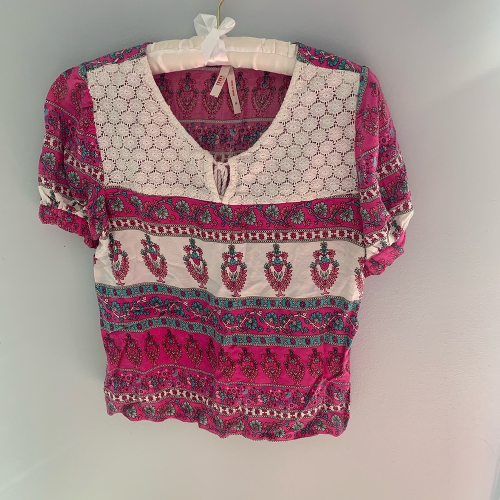 Pink Boho Style Printed/Lace Shirt